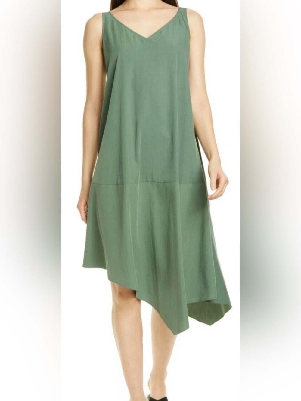 Eileen Fisher Size Small Asymmetrical Sandwashed Tencel Shift Dress‎ Nori Green